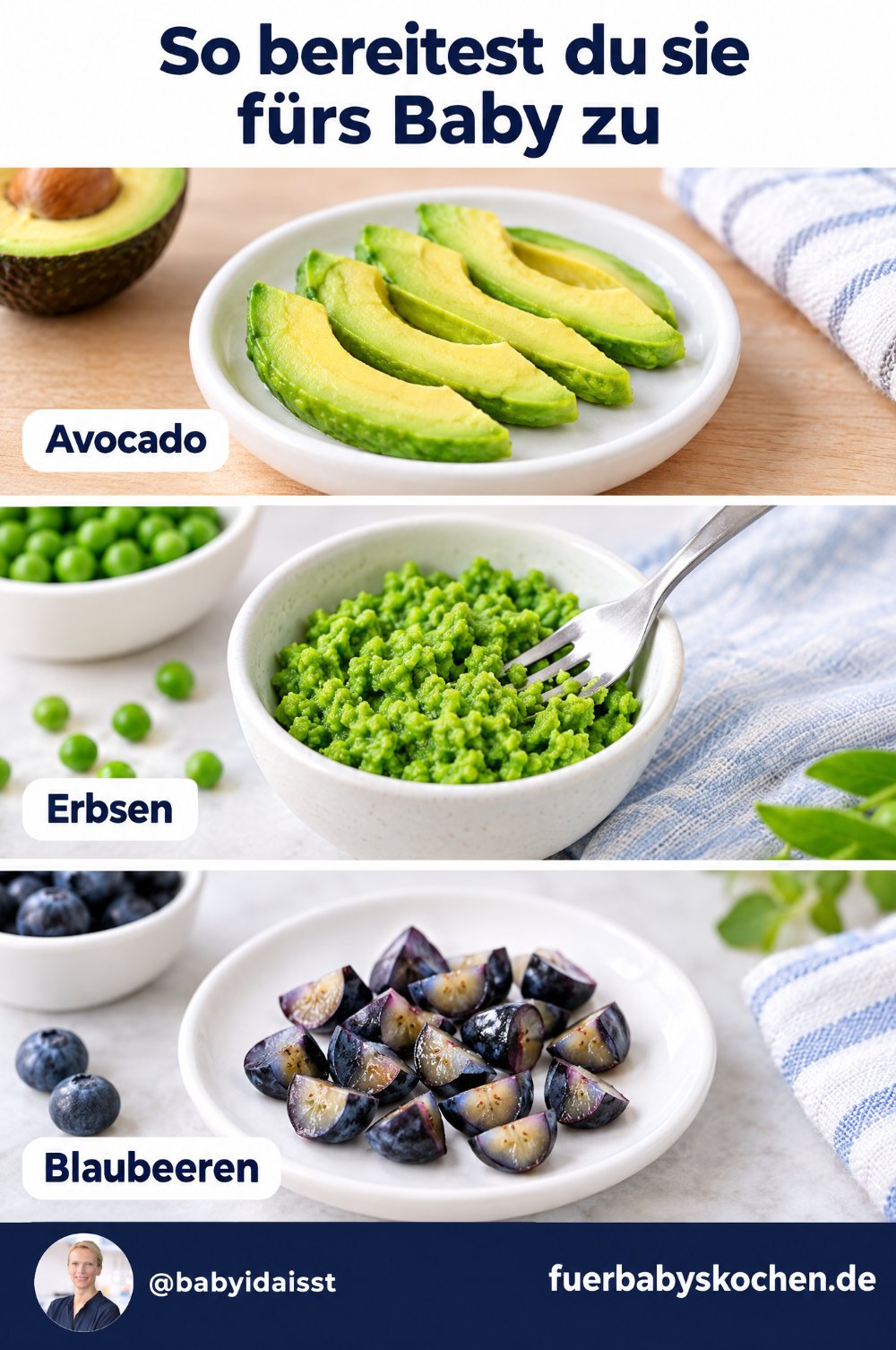 Avocado, Erbsen und Blaubeeren fürs Baby zubereiten