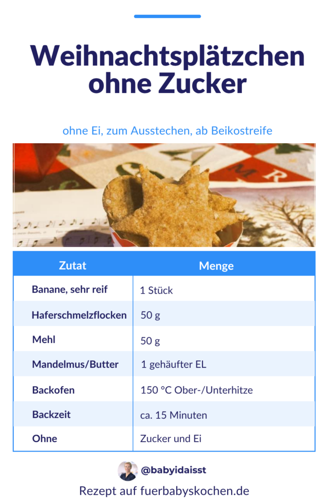 Rezept Weihnachtsplätzchen ohne Zucker und ohne Ei für Babys ab Beikostreife: 1 sehr reife Banane, 50 g Haferschmelzflocken, 50 g Mehl, 1 gehäufter EL Mandelmus oder Butter, ca. 15 Minuten bei 150 °C Ober-/Unterhitze.